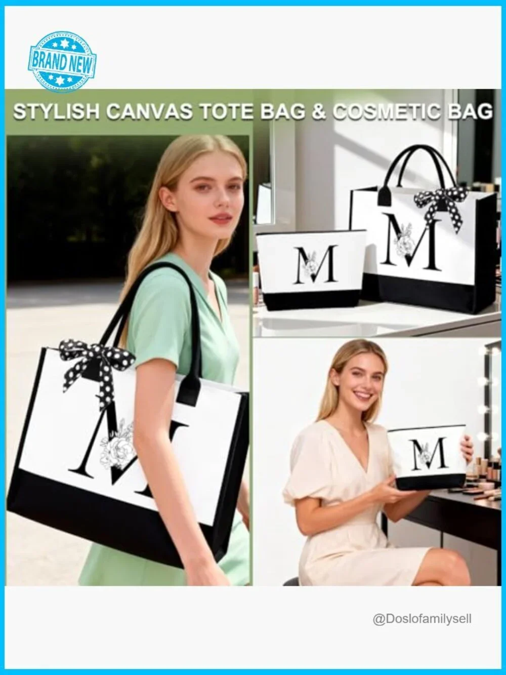 Personalized Initial Tote & Makeup Bag Set with Glass Cup, Candle, Bracelet,